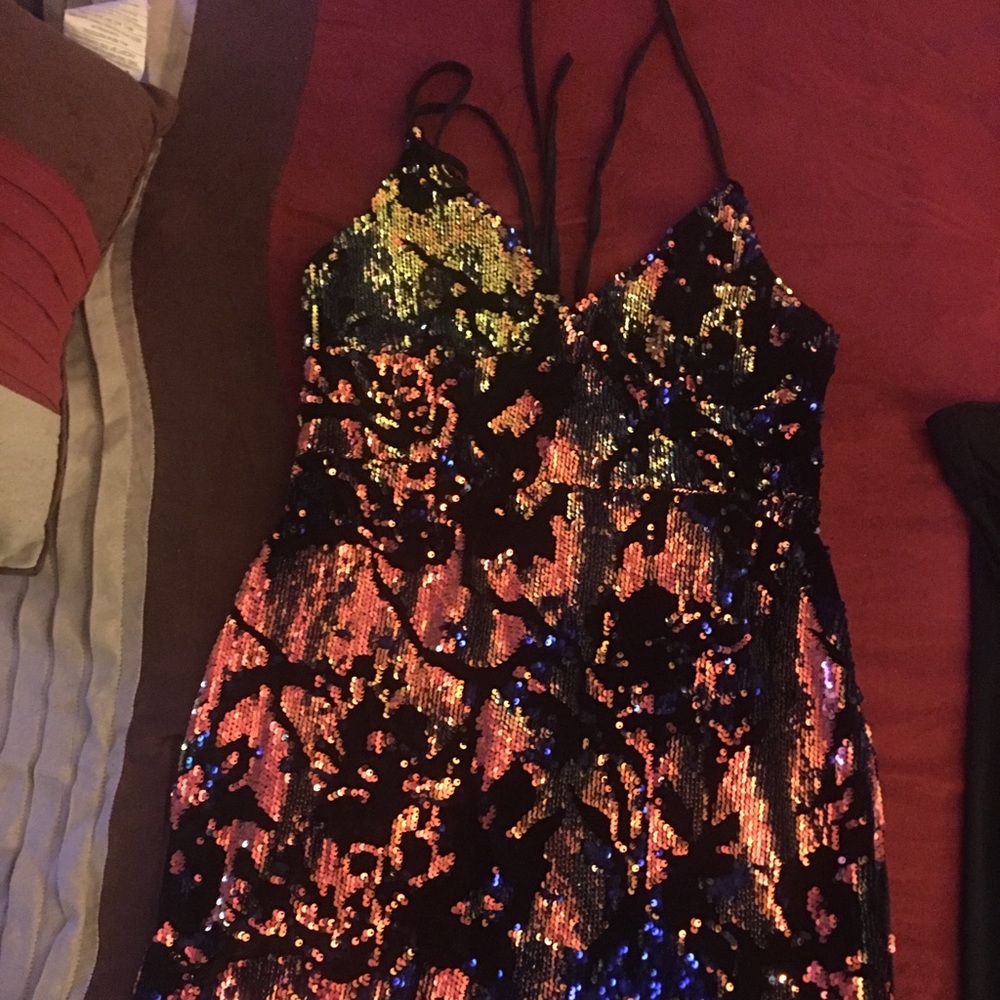 Shinny blue & orange dress.